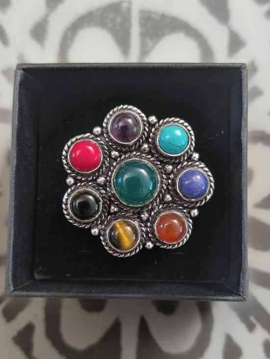 Jewelry - Flower Shaped Multi-Gemstone Chakra Sterling Silver Ring - Size 8
